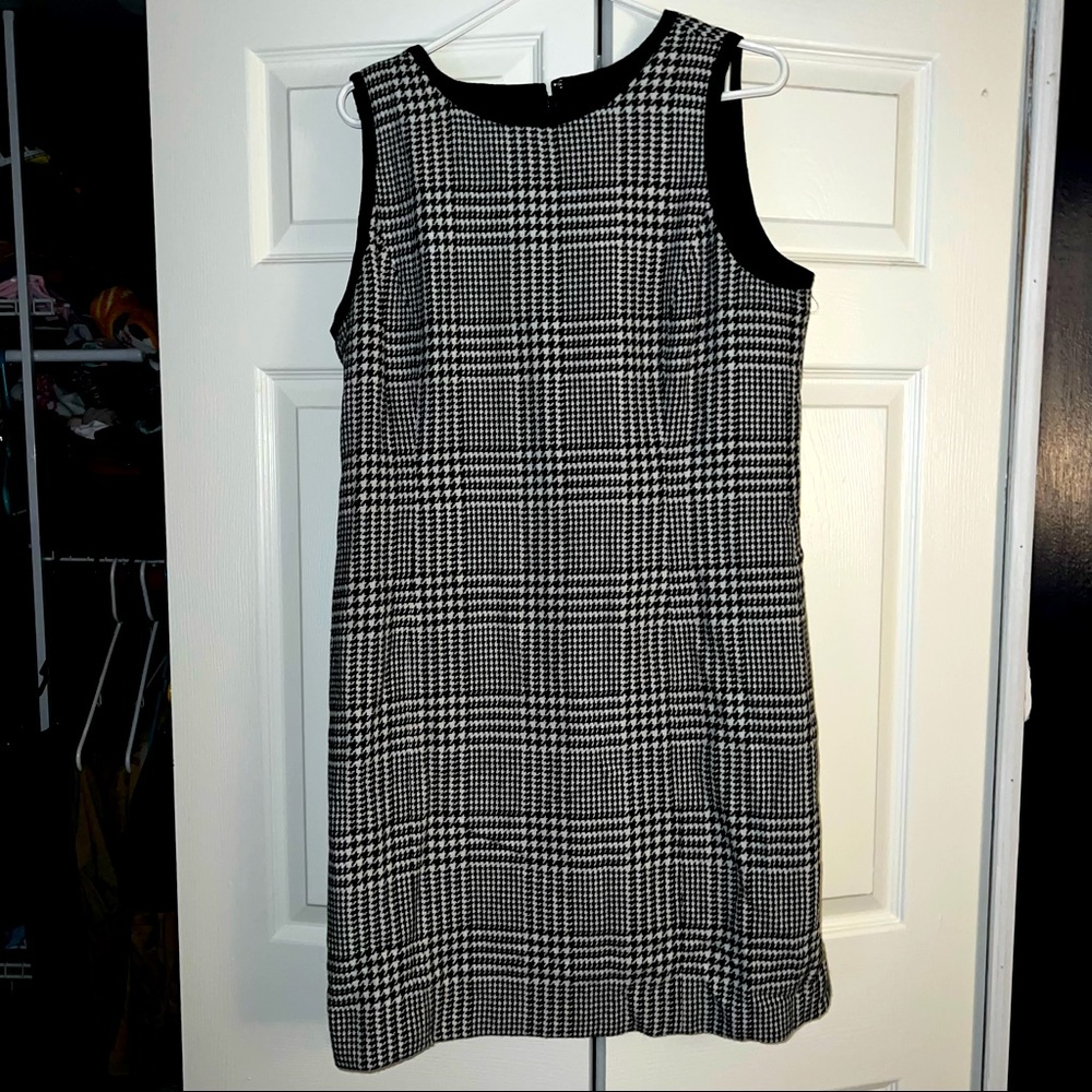 Black and white plaid fitted dress.